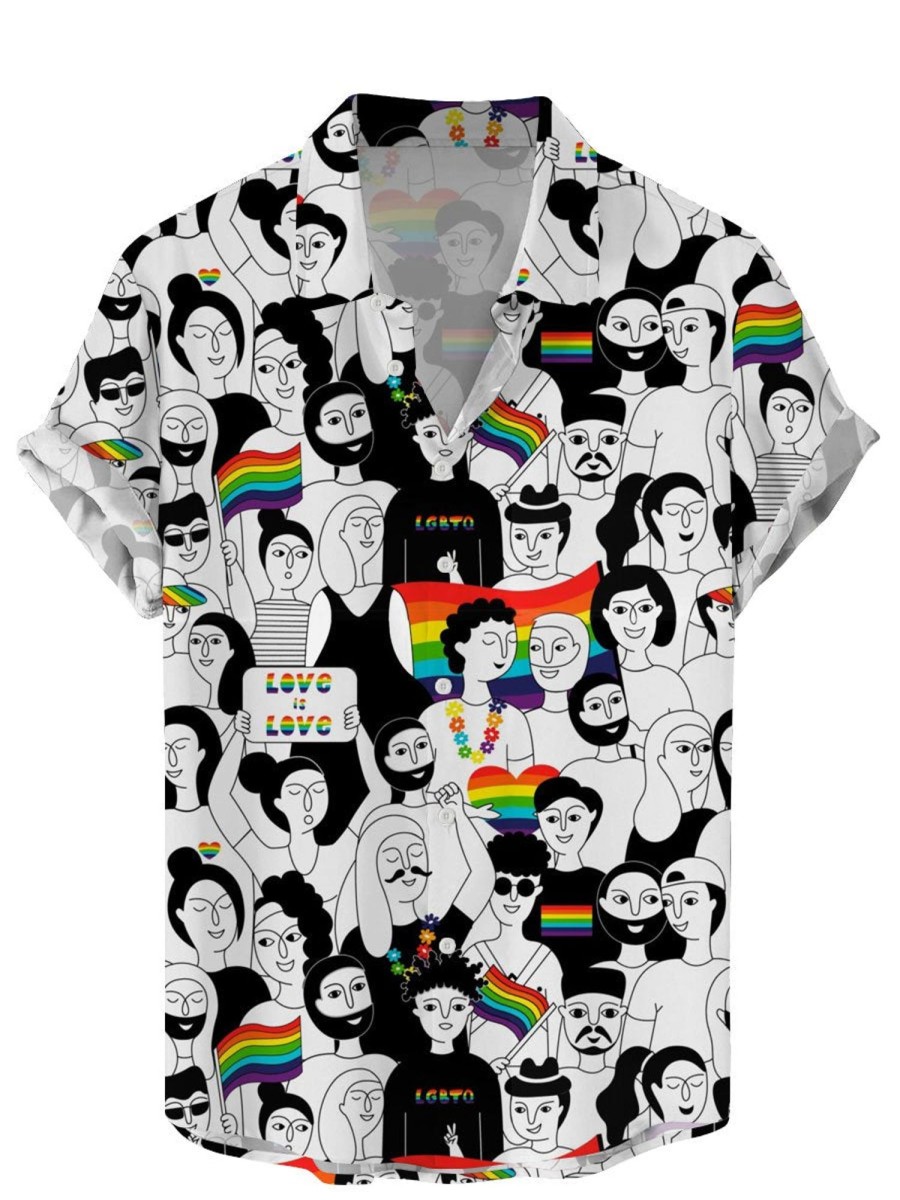 Men DJ Shirts | Pride Month Cartoon Print Casual Short Sleeve Shirt White