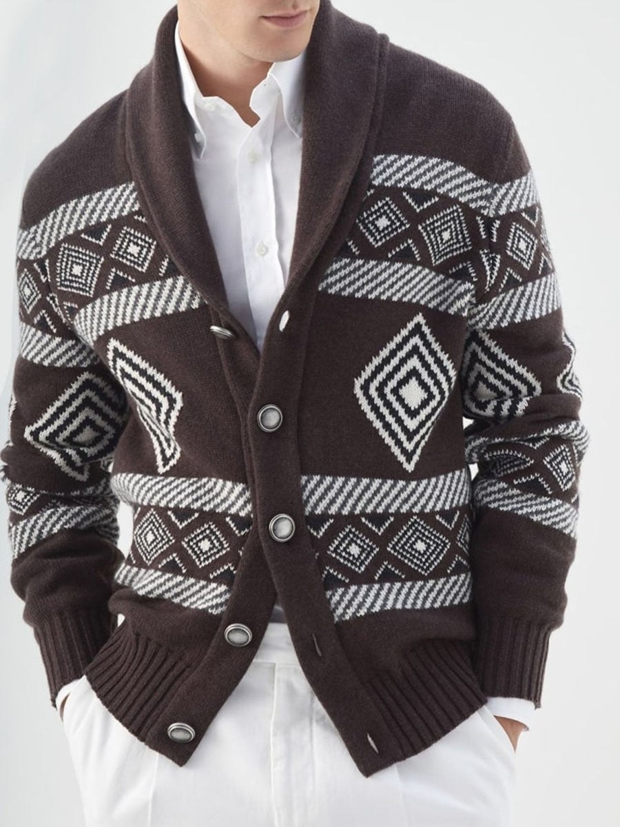 Men DJ Cardigan | Vintage Geometric Jacquard Single-Breasted Knitted Cardigan Coffee