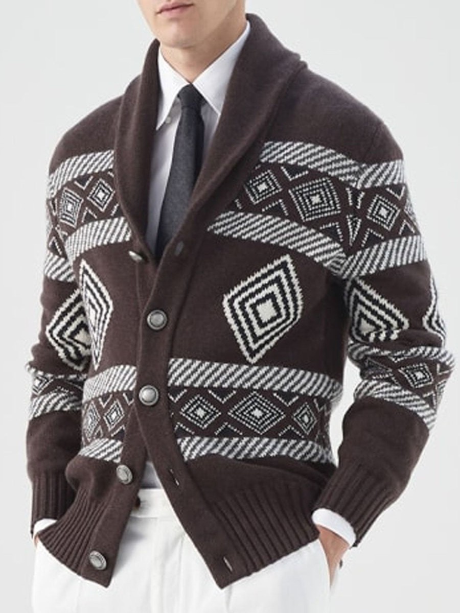 Men DJ Cardigan | Vintage Geometric Jacquard Single-Breasted Knitted Cardigan Coffee