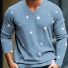 Men DJ Print Sweater | Retro Star Print Casual V-Neck Knitted Pullover Sweater Blue