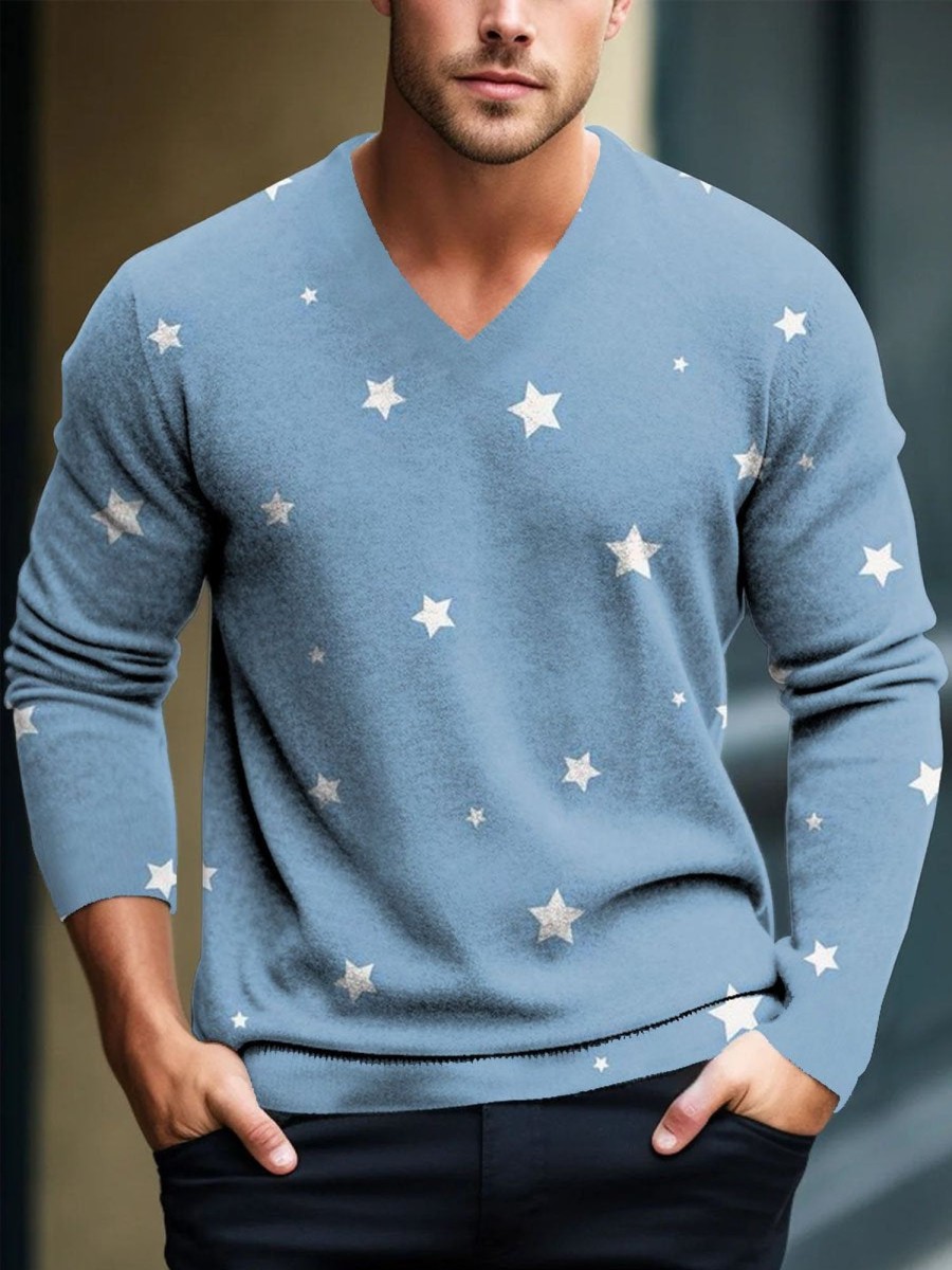 Men DJ Print Sweater | Retro Star Print Casual V-Neck Knitted Pullover Sweater Blue