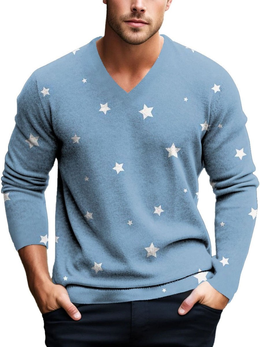 Men DJ Print Sweater | Retro Star Print Casual V-Neck Knitted Pullover Sweater Blue