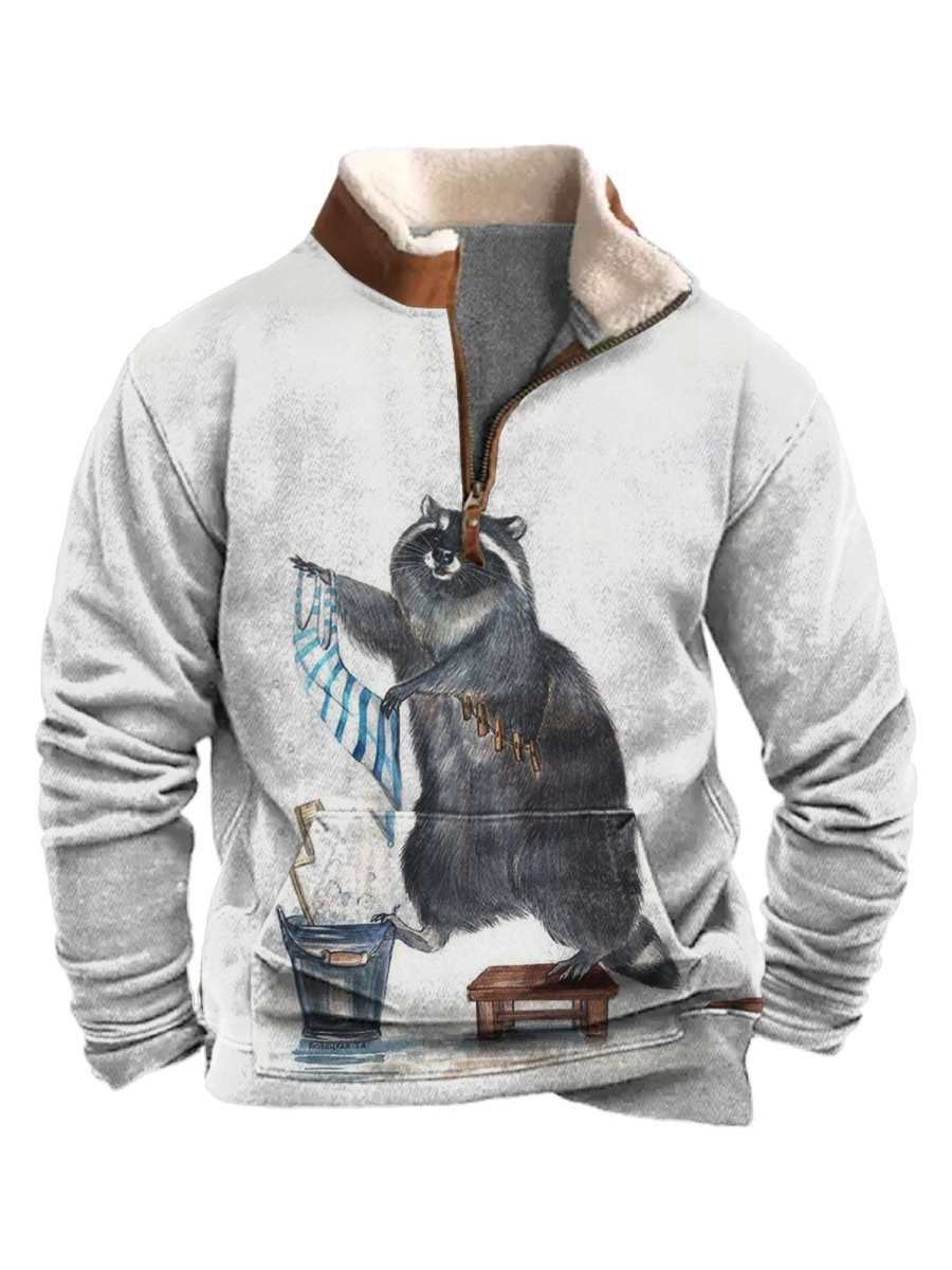 Men BXL T-Shirts | Men'S And Women'S Striped Raccoon Watercolor Zipper Fur Collar Sweatshirt Gray