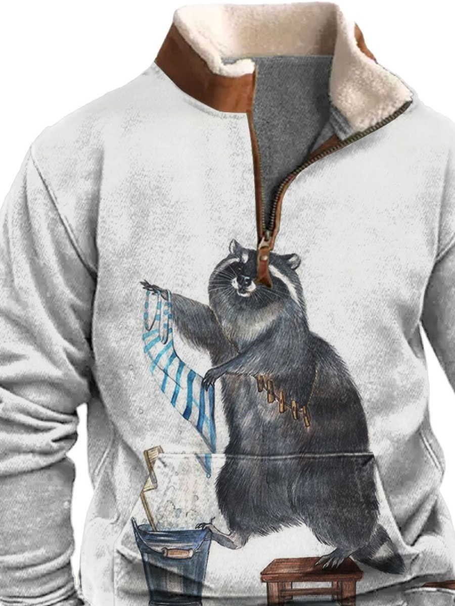 Men BXL T-Shirts | Men'S And Women'S Striped Raccoon Watercolor Zipper Fur Collar Sweatshirt Gray