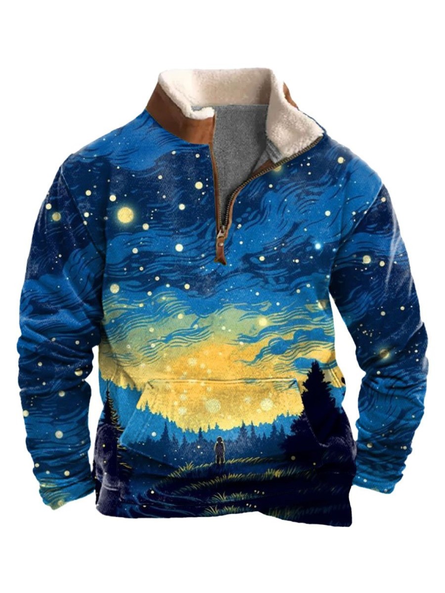 Men DJ T-Shirts | Romantic Starry Sky Print Velvet Stand Collar Zipper Pocket Casual Sweatshirt Blue