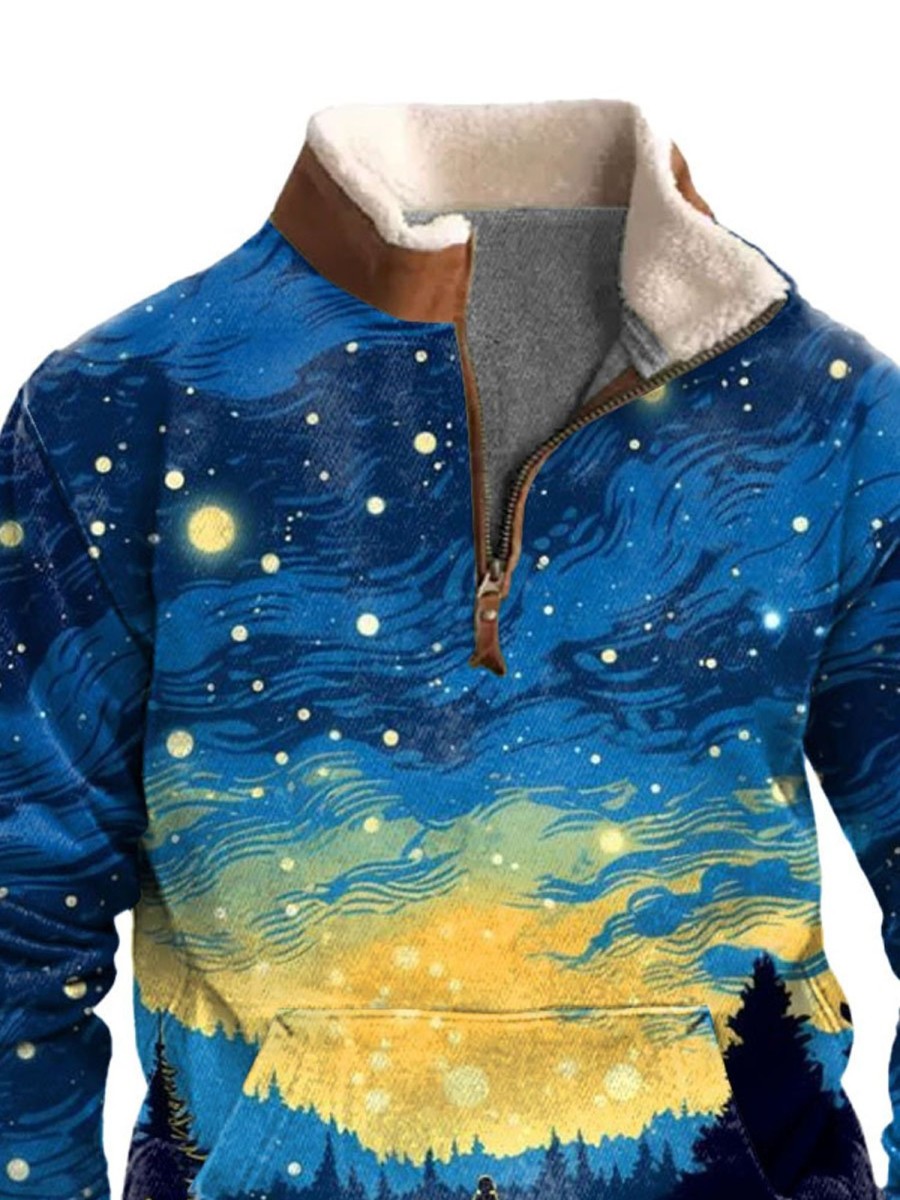 Men DJ T-Shirts | Romantic Starry Sky Print Velvet Stand Collar Zipper Pocket Casual Sweatshirt Blue