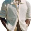 Men DJ Casual Shirts | Solid Color Lapel Single-Breasted Casual Knitted Short-Sleeved Shirt White