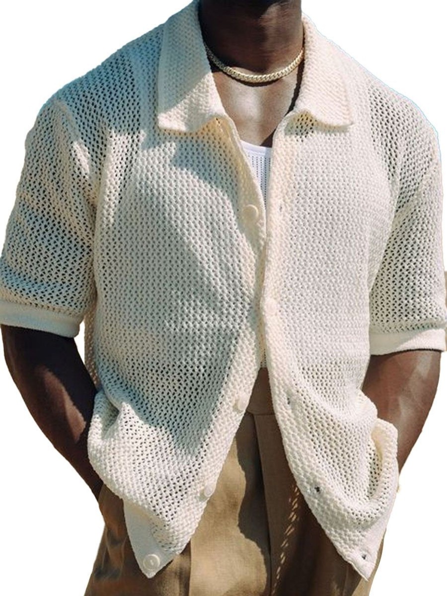 Men DJ Casual Shirts | Solid Color Lapel Single-Breasted Casual Knitted Short-Sleeved Shirt White