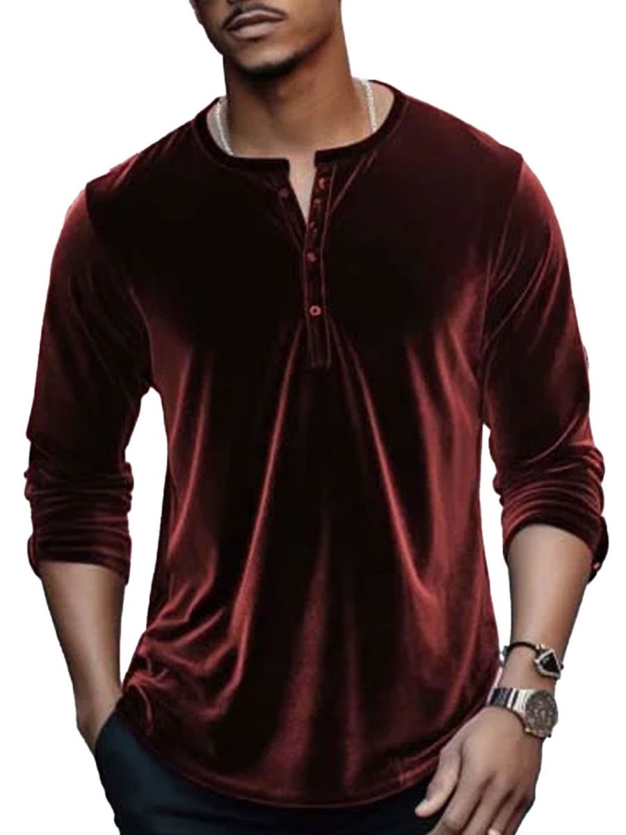 Men BXL Casual Shirts | Men'S Solid Color Velvet Half Open Collar Casual Long Sleeve T-Shirt Wine Red