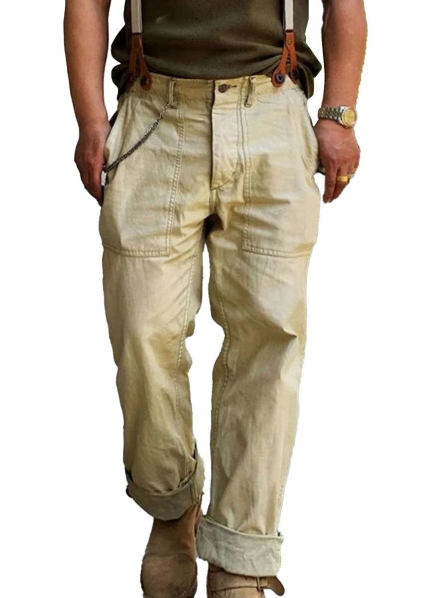 Men DJ Bottoms | American Retro Double Pocket Casual Overalls Khaki