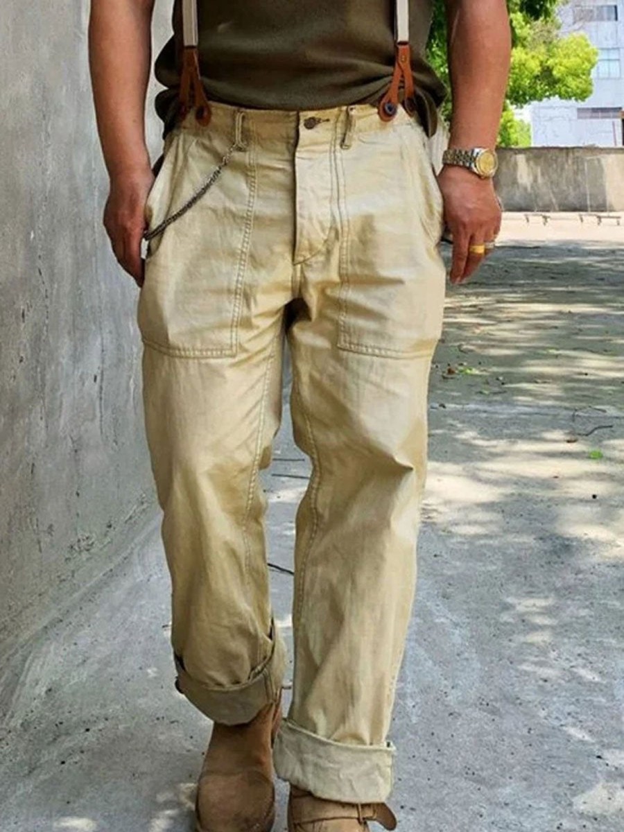 Men DJ Bottoms | American Retro Double Pocket Casual Overalls Khaki