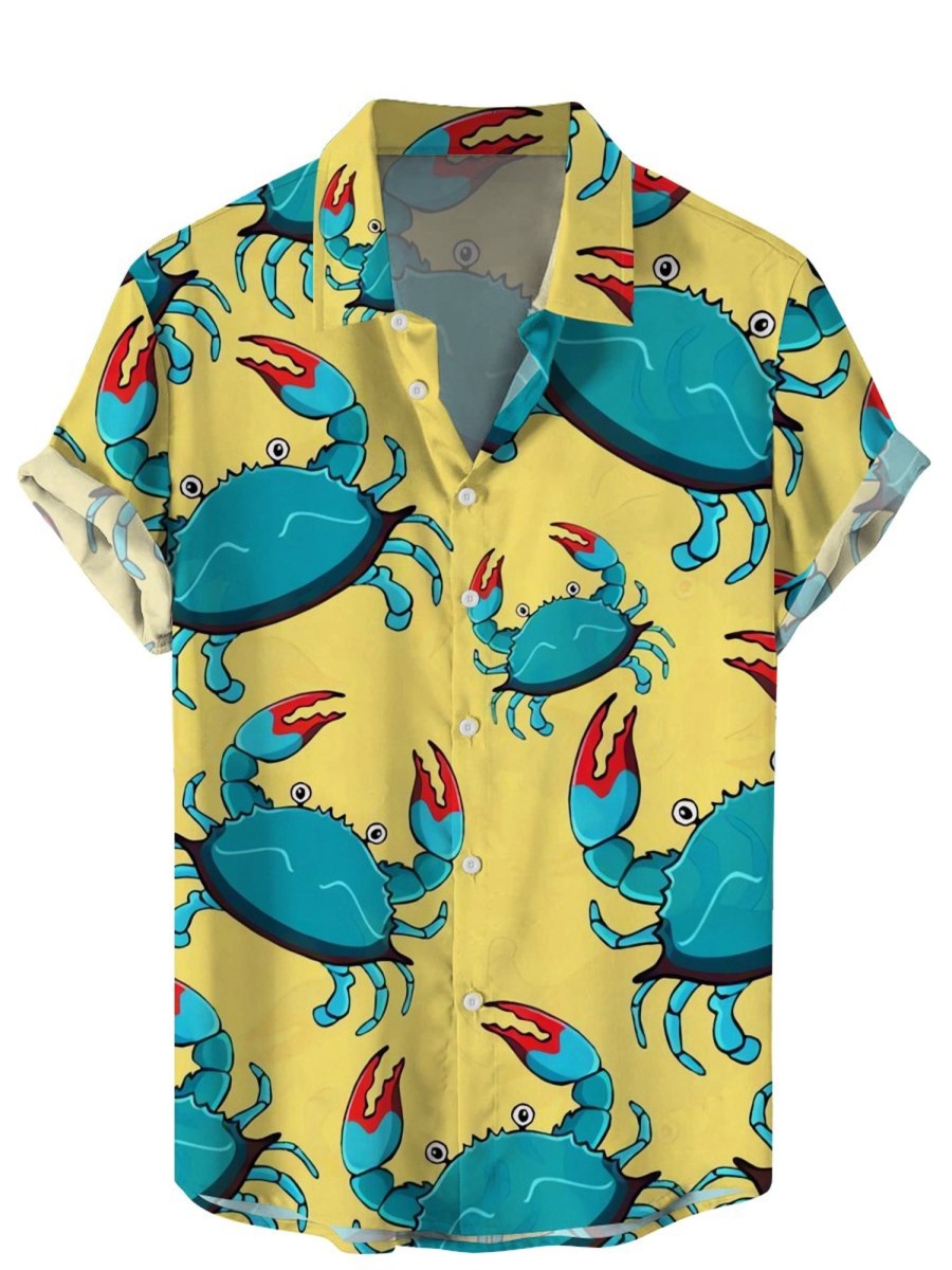 Men HLJ Shirts | Ocean Watercolor Crab Print Casual Aloha Shirt Yellow