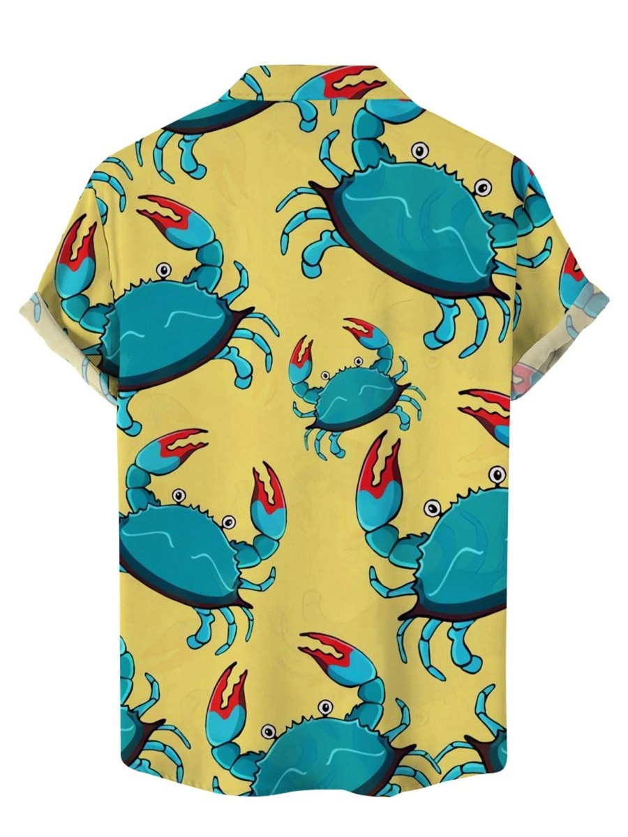 Men HLJ Shirts | Ocean Watercolor Crab Print Casual Aloha Shirt Yellow