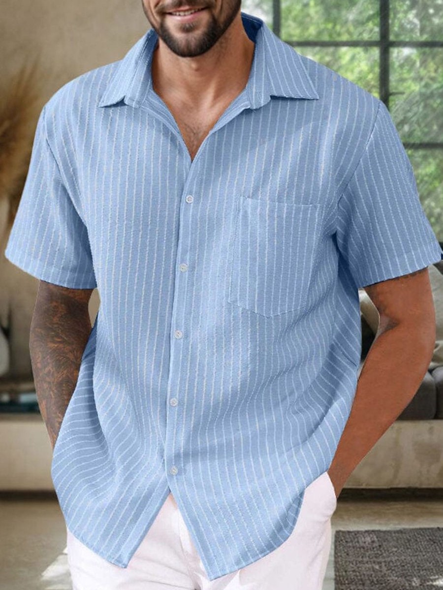 Men QMY Casual Shirts | Men'S Casual Striped Lapel Short Sleeve Shirt Blue