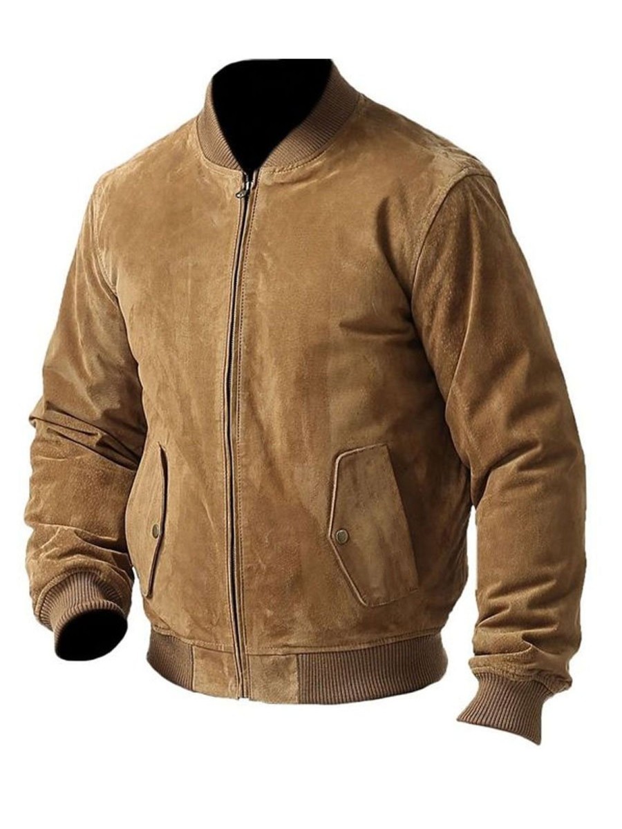 Men BXL Jacket | Men'S Casual Retro Zipper Solid Color Suede Stand Collar Jacket Khaki