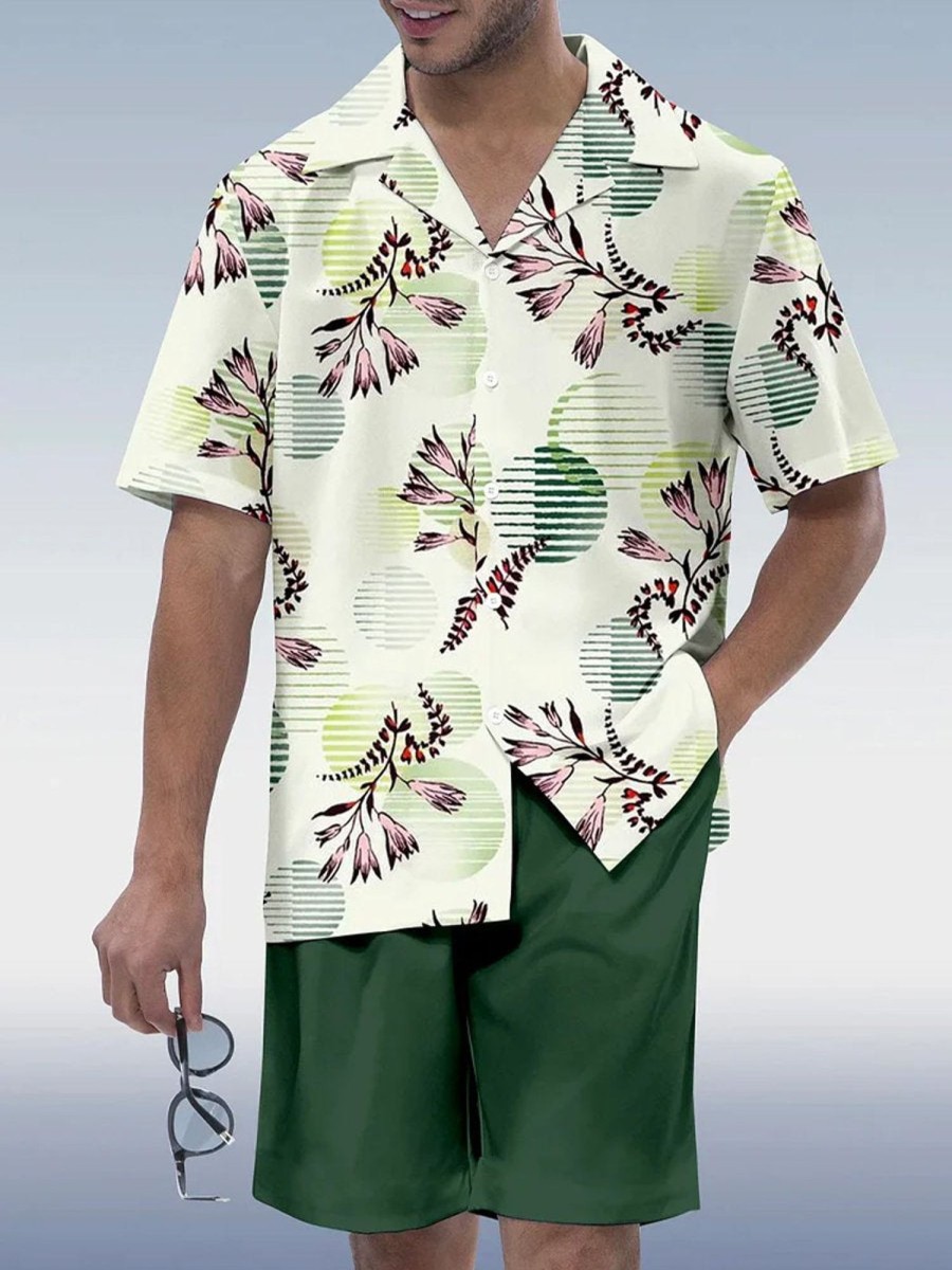 Men DJ Set | Cool Summer Green Abstract Floral Print Hawaiian Short Sleeve Shirt Set Photo Color