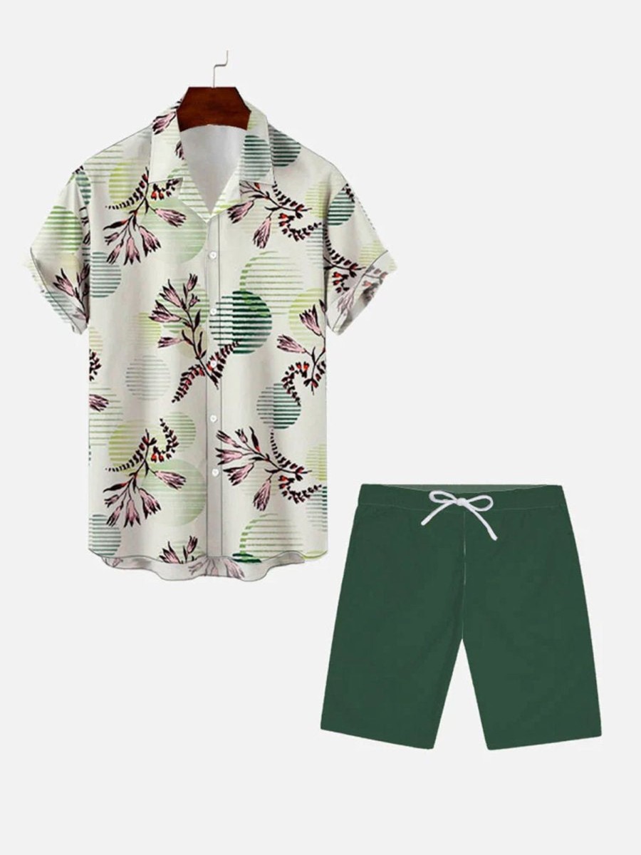 Men DJ Set | Cool Summer Green Abstract Floral Print Hawaiian Short Sleeve Shirt Set Photo Color