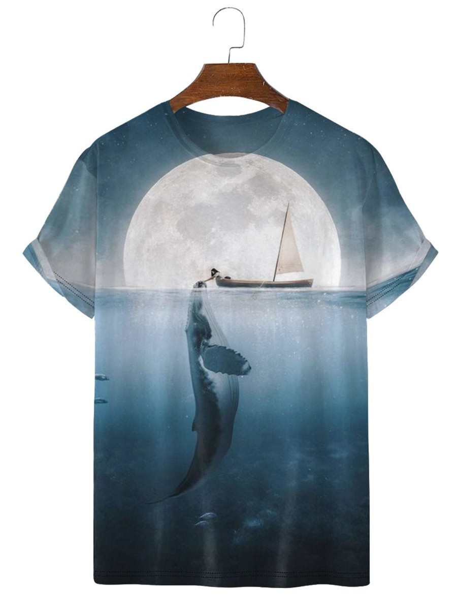 Men MRL T-Shirts | Men'S Fashion Whale Crew Neck Print T-Shirt Blue