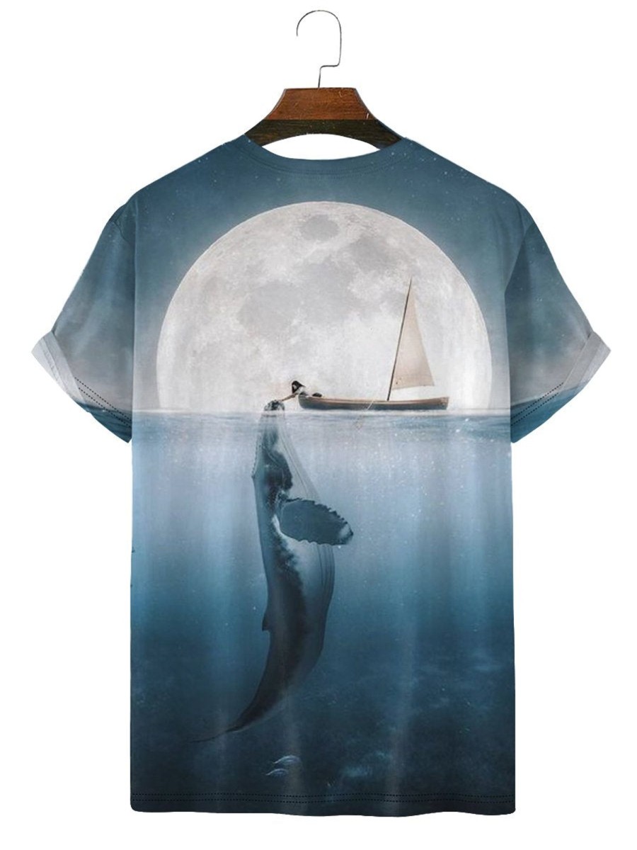 Men MRL T-Shirts | Men'S Fashion Whale Crew Neck Print T-Shirt Blue