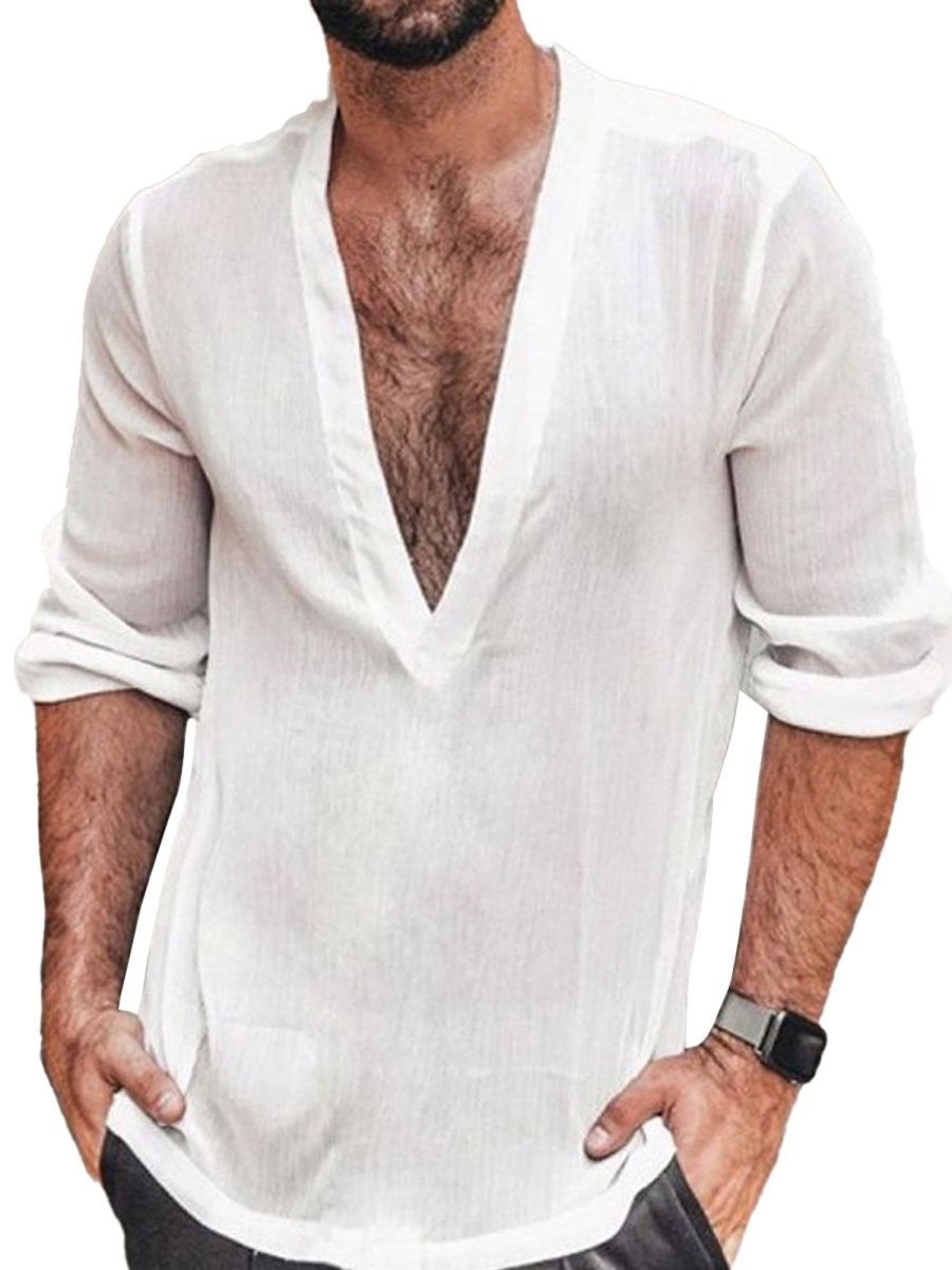 Men DJ Casual Long Sleeve Shirts | V-Neck Solid Color Casual Long-Sleeved Shirt White