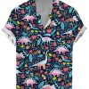 Men DJ Shirts | Watercolor Cartoon Dinosaur Print Casual Hawaiian Short Sleeve Shirt Navy