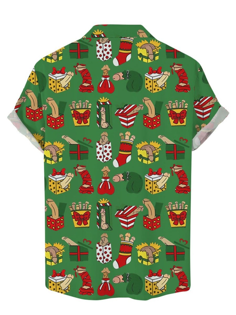 Men BXL Shirts | Fun Christmas Gift Box Rooster Print Hawaiian Casual Short Sleeve Shirt