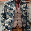 Men DJ Print Jacket | Ukiyoe Wave Print Corduroy Pocket Lapel Casual Jacket Photo Color