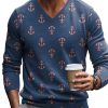 Men DJ Print Sweater | Retro Anchor Print V-Neck Knitted Pullover Sweater Navy