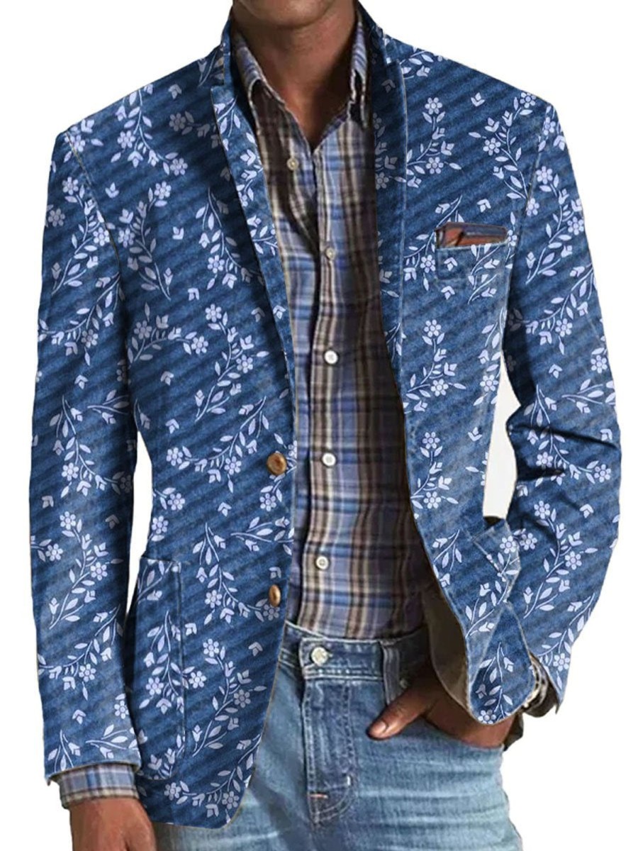 Men DJ Print Jacket | Vintage Floral Print Three-Pocket Lapel Casual Blazer Blue