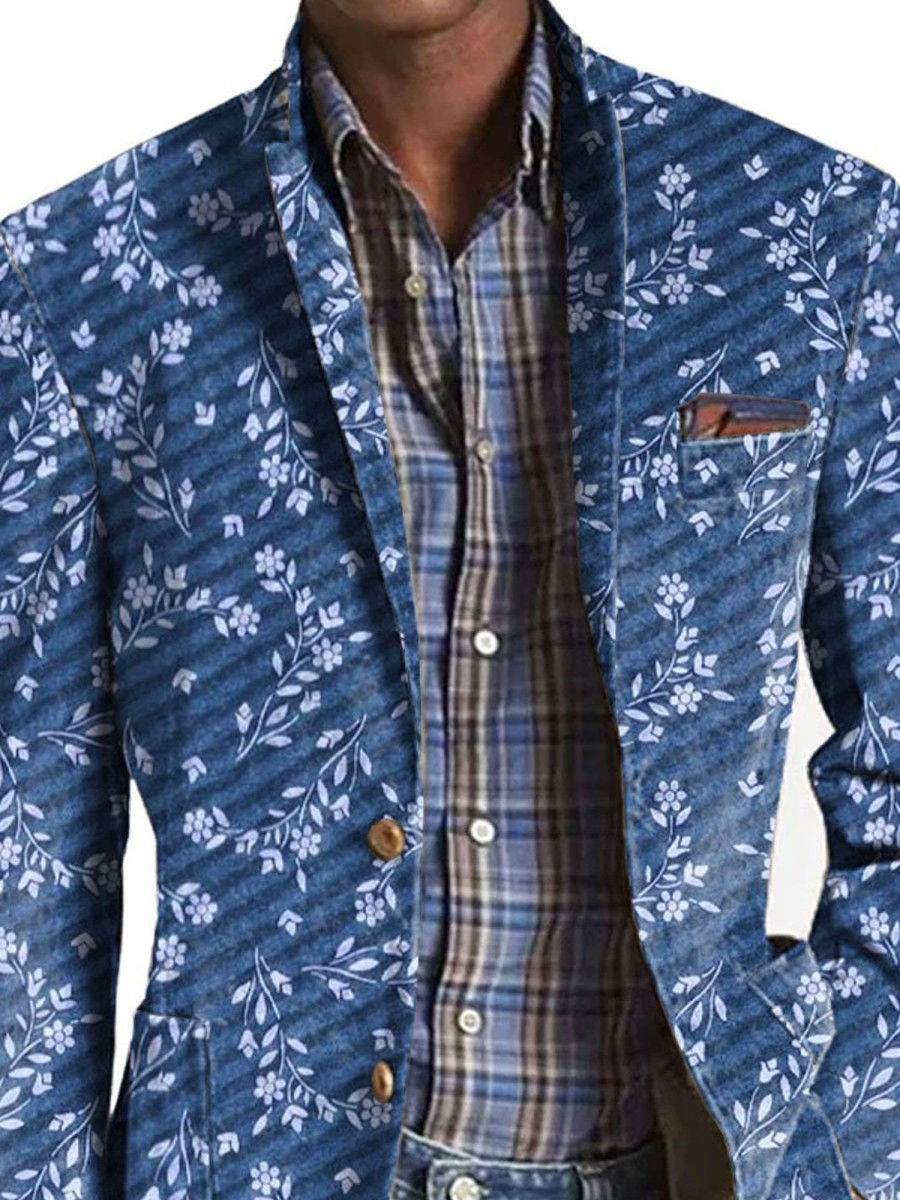 Men DJ Print Jacket | Vintage Floral Print Three-Pocket Lapel Casual Blazer Blue