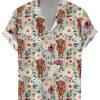 Men DJ Shirts | Cute Watercolor Highland Cow Floral Print Casual Hawaiian Short Sleeve Shirt