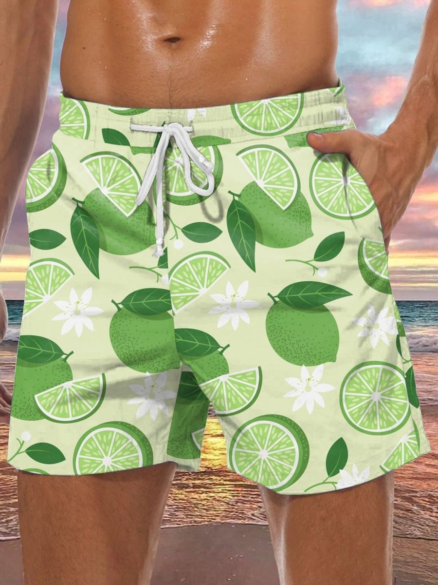 Men GYJ Shorts | Lemon Print Hawaiian Lounge Shorts Light Green