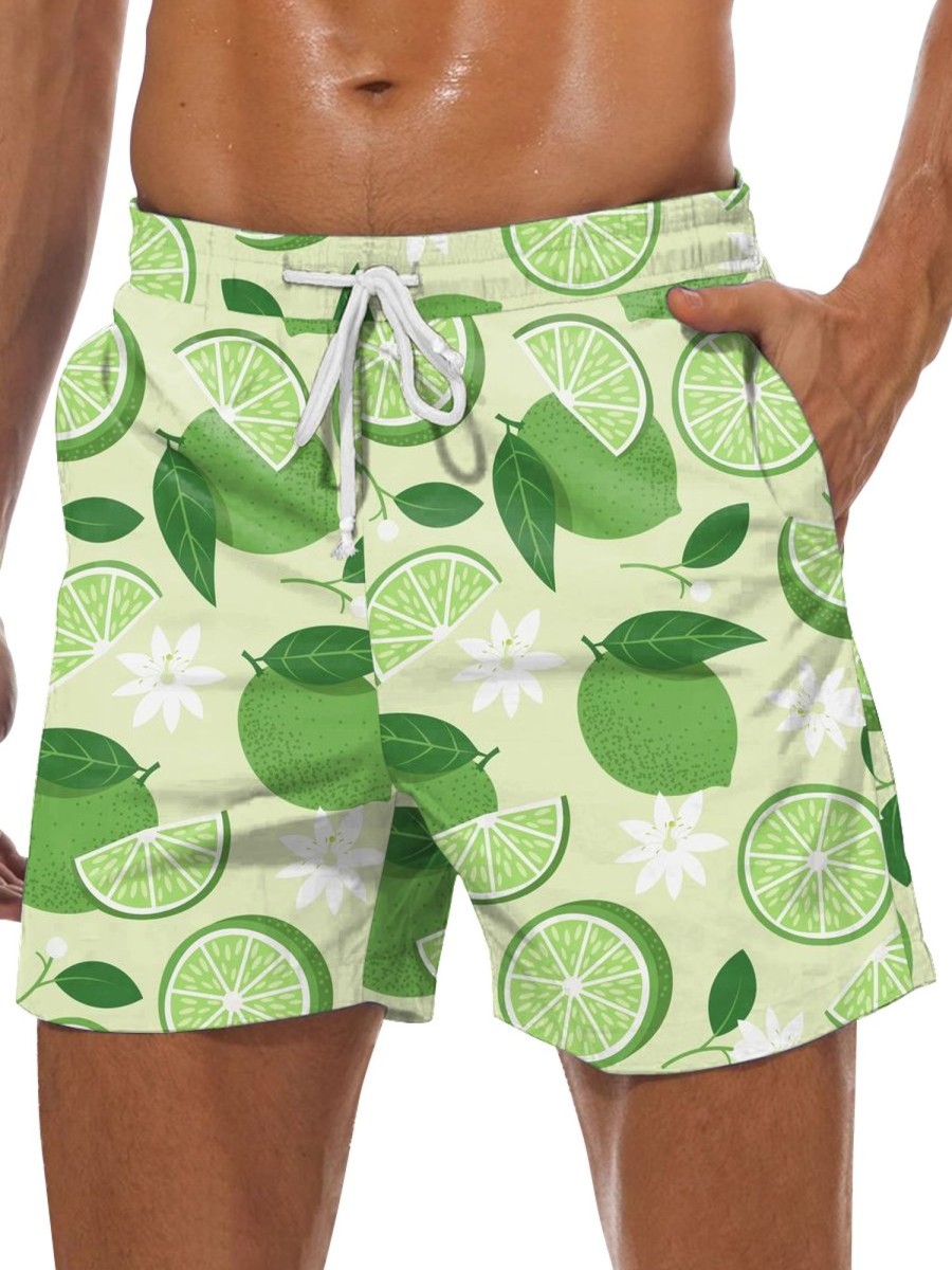 Men GYJ Shorts | Lemon Print Hawaiian Lounge Shorts Light Green