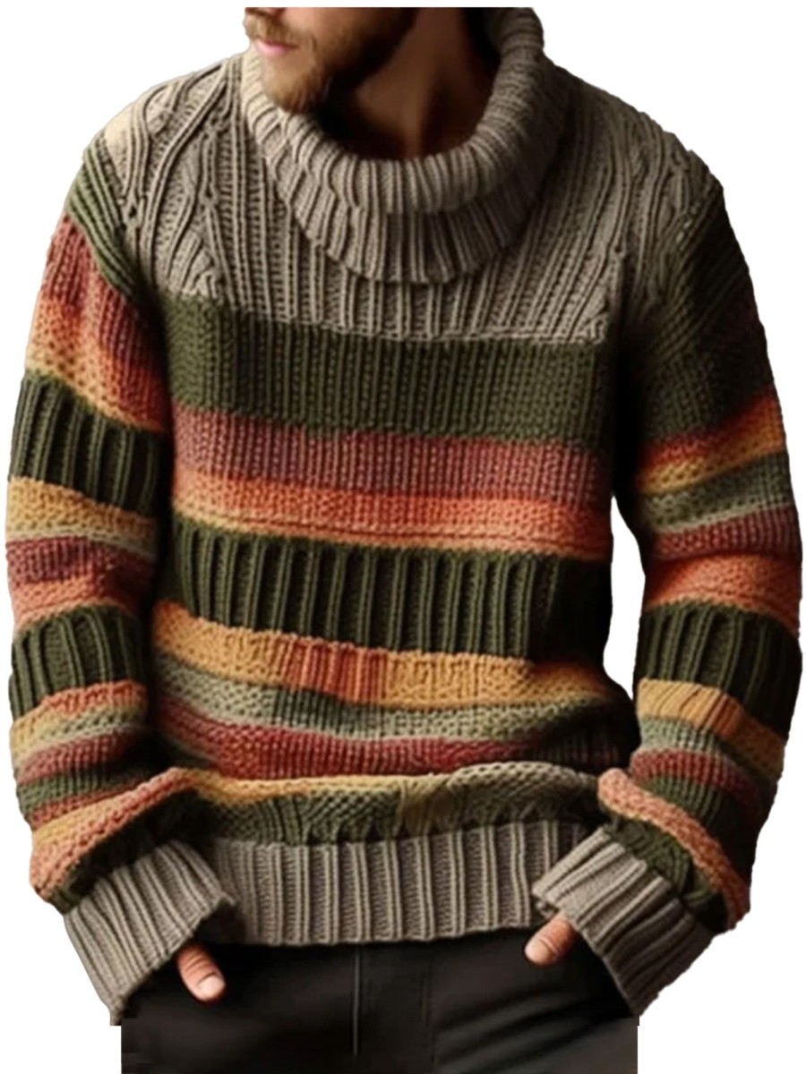 Men DJ Sweater | Casual Turtleneck Long Sleeve Colorblock Knitted Sweater Photo Color