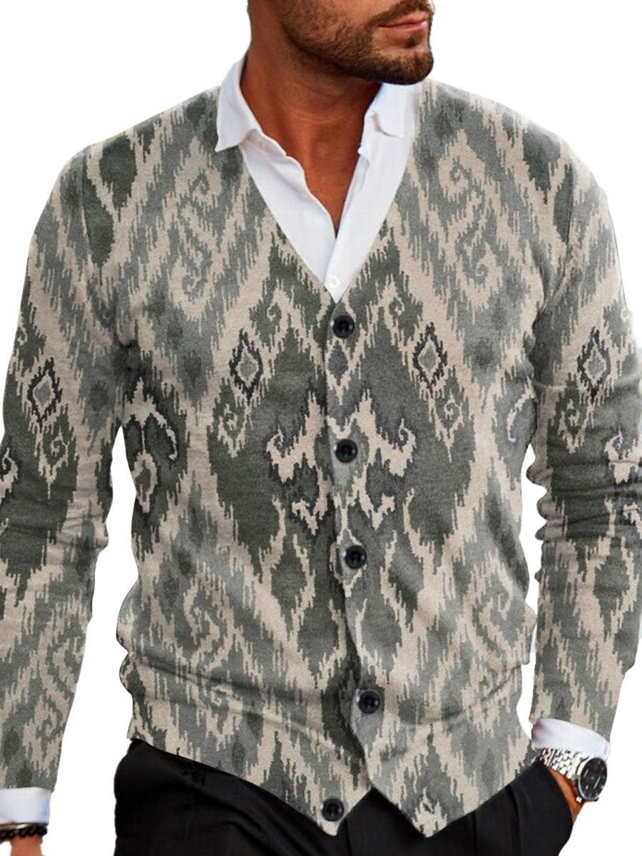 Men DJ Print Cardigan | Retro Ethnic Style Printed V-Neck Knitted Cardigan Photo Color