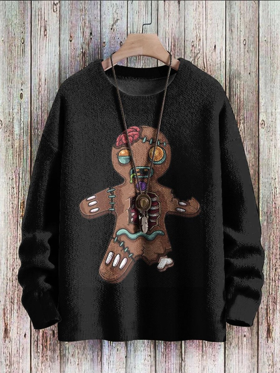 Men DJ Print Sweater | Halloween Sugar Cookie Skull Print Casual Round Neck Pullover Sweater Black