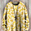 Men DJ Print Sweater | Lots Of Banana Print Casual Crew Neck Knitted Pullover Sweater Yellow