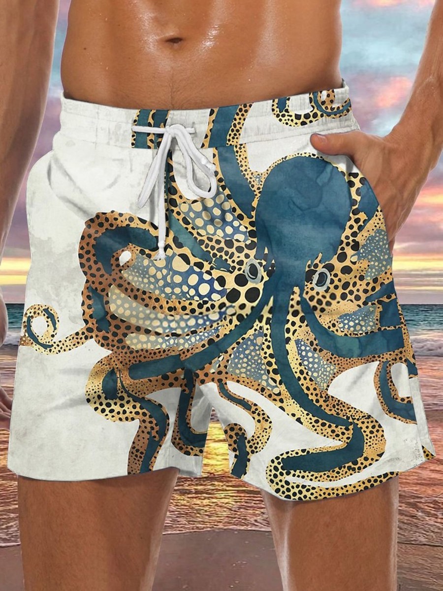 Men HLJ Shorts | Deep Sea Octopus Print Drawstring Board Shorts Apricot