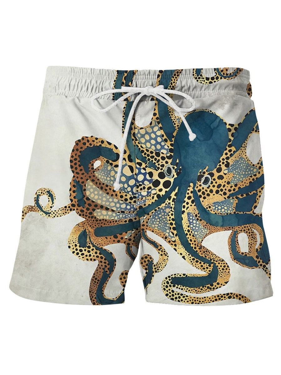 Men HLJ Shorts | Deep Sea Octopus Print Drawstring Board Shorts Apricot