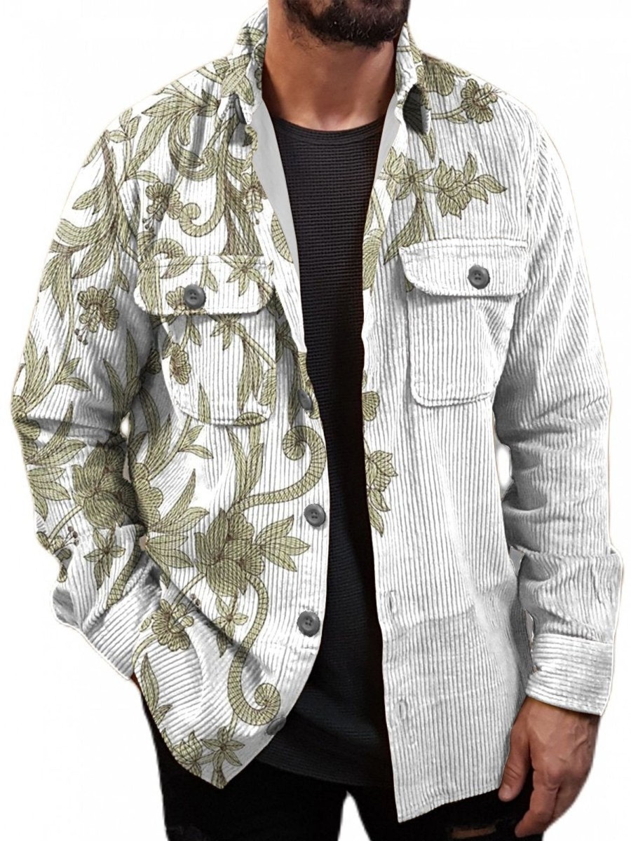 Men DJ Jacket | Vintage Embroidered Print Corduroy Two-Pocket Single-Breasted Jacket White