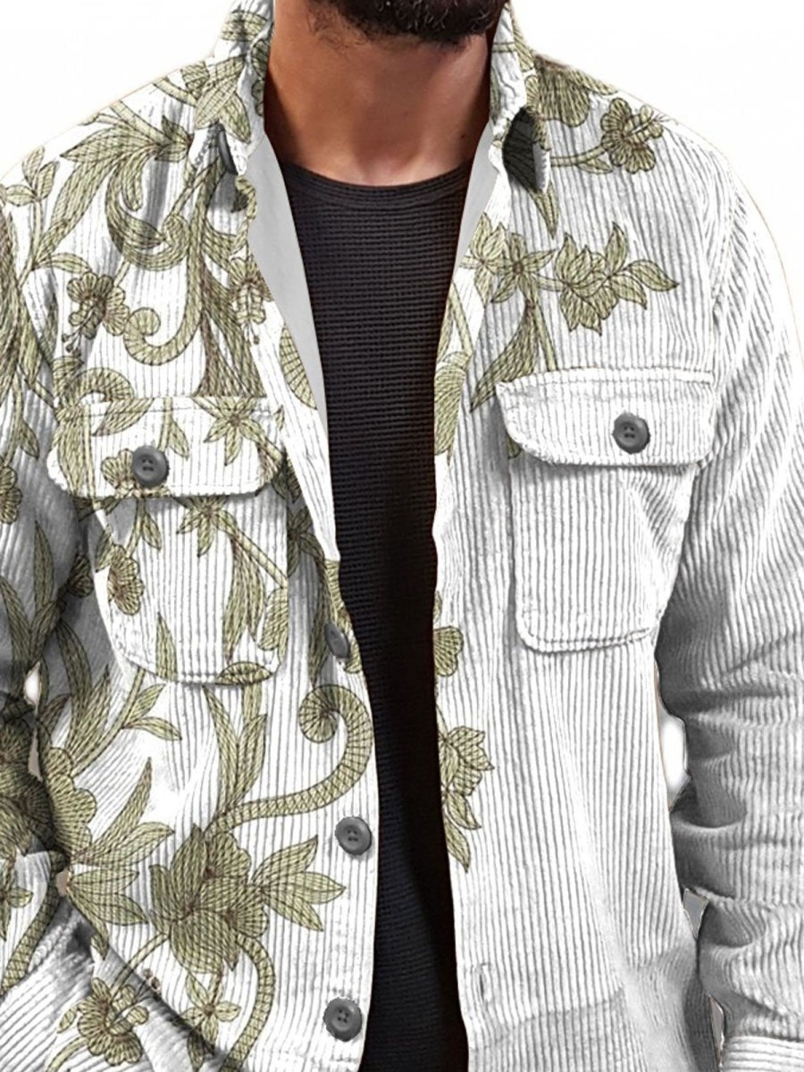 Men DJ Jacket | Vintage Embroidered Print Corduroy Two-Pocket Single-Breasted Jacket White