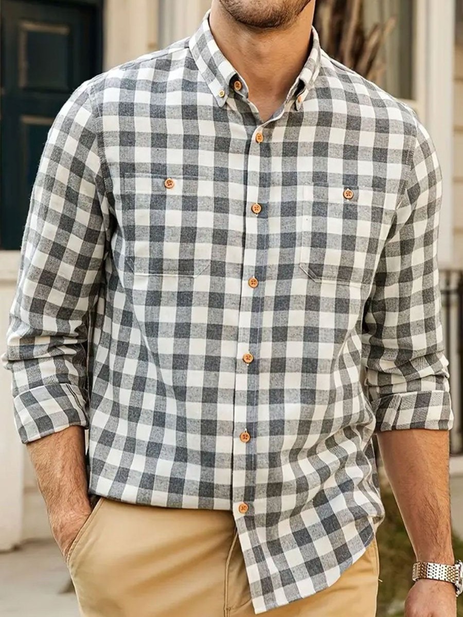 Men TH Casual Shirts | Men'S Casual Button Up Plaid Print Long Sleeve Shirt Gray