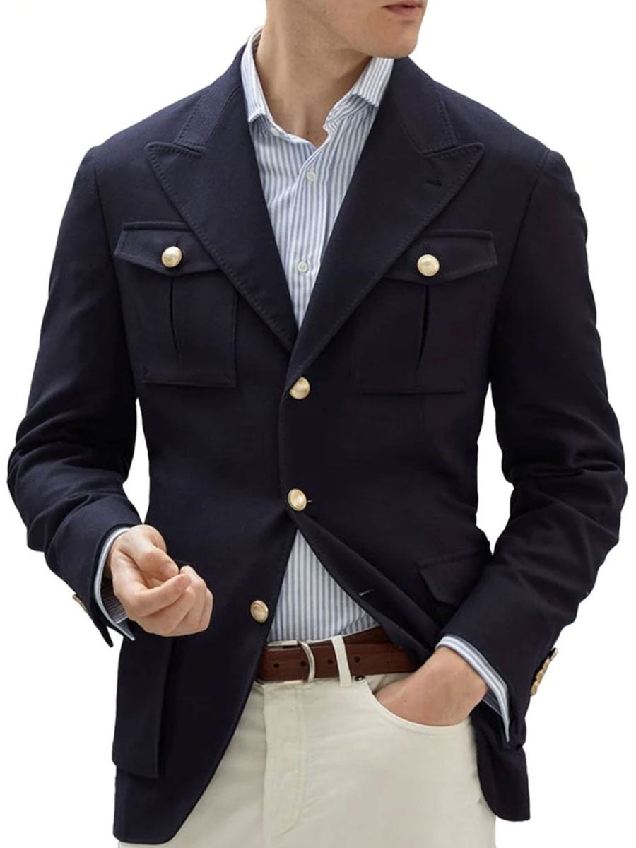 Men BXL Jacket | Vintage Solid Color Cotton Multi-Pocket Casual Blazer Navy Blue