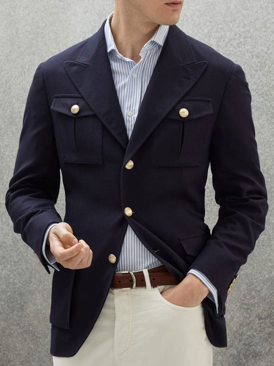 Men BXL Jacket | Vintage Solid Color Cotton Multi-Pocket Casual Blazer Navy Blue