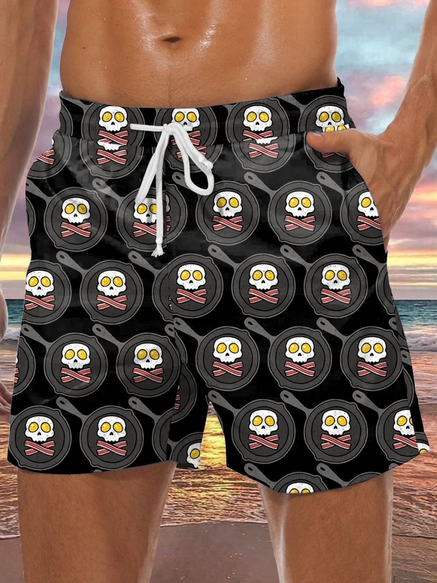 Men GYJ Shorts | Skull Fried Egg Pan Print Track Shorts Black