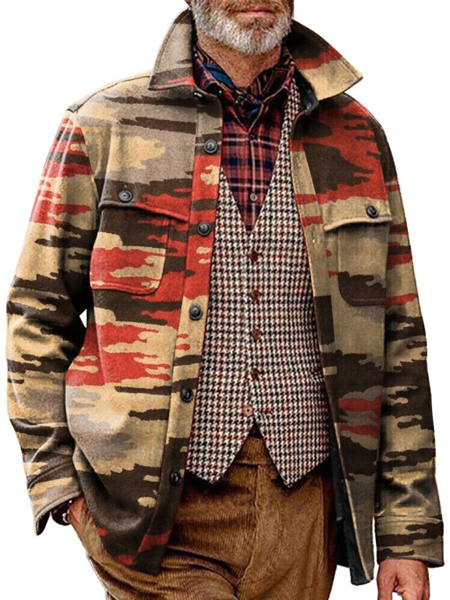 Men DJ Print Jacket | Vintage Multicolor Graffiti Print Pocket Lapel Corduroy Jacket Photo Color