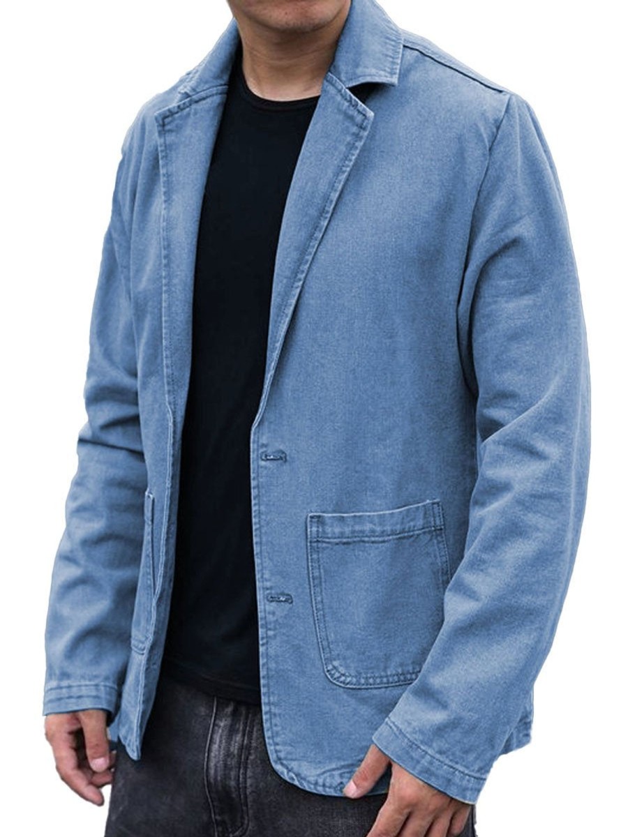 Men DJ Jacket | Lapel Double Pocket Single Breasted Denim Blazer Blue