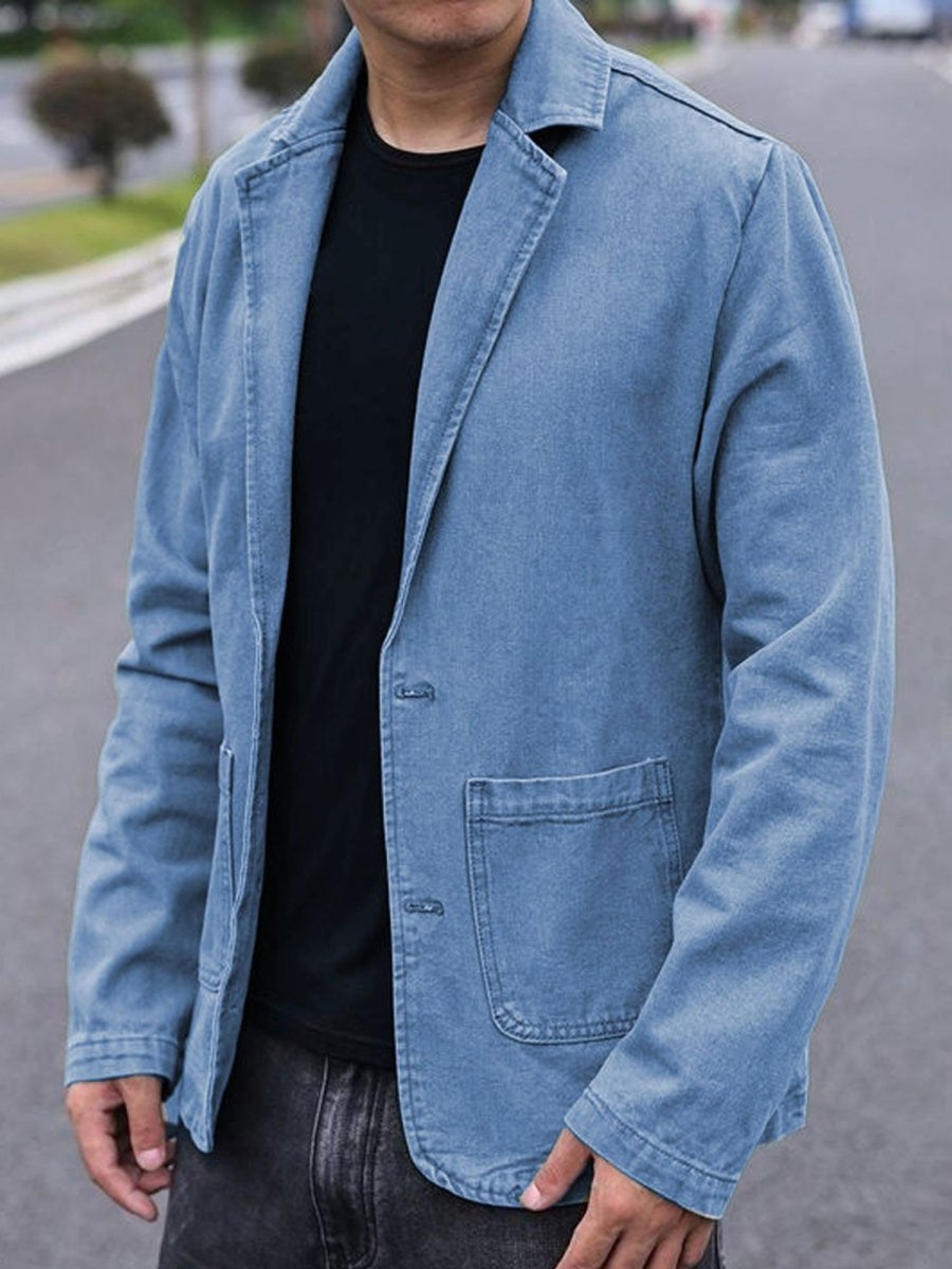 Men DJ Jacket | Lapel Double Pocket Single Breasted Denim Blazer Blue