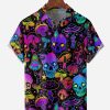 Men DJ Shirts | Skull Mushroom Chest Pocket Short Sleeves Casual Shirt Purple