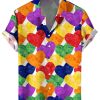 Men HWT Shirts | Men'S Hawaiian Shirts Watercolor Pride Heart Print Short Sleeve Shirt Rainbow